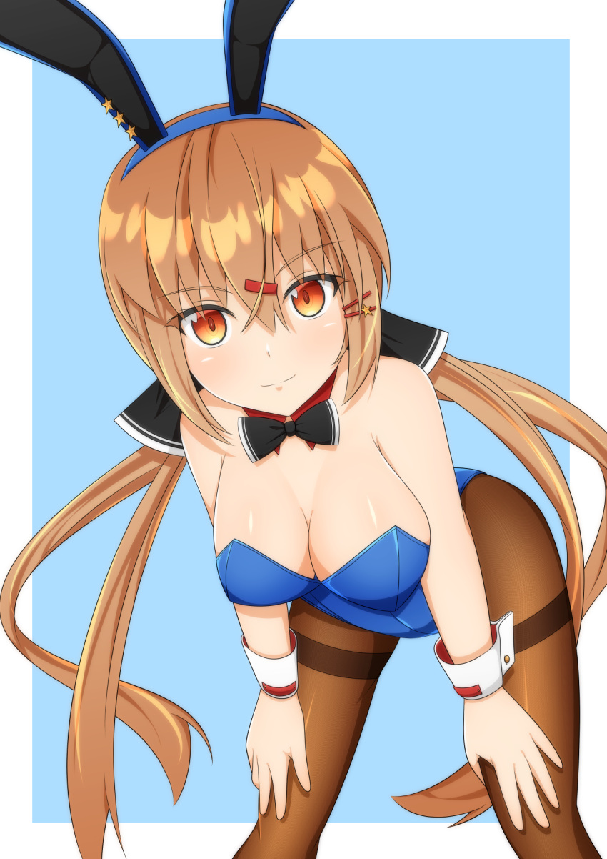 1girl animal_ears bell_shireikan blue_background blue_leotard bow bowtie brown_eyes brown_hair brown_pantyhose covered_navel detached_collar fake_animal_ears fake_tail hair_between_eyes hair_ornament hairclip highres kantai_collection leotard long_hair low_twintails pantyhose playboy_bunny rabbit_ears rabbit_tail solo strapless strapless_leotard tail tashkent_(kancolle) traditional_bowtie twintails white_background wrist_cuffs