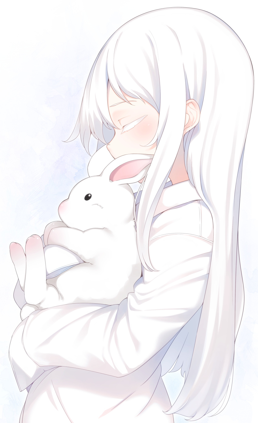 1girl absurdres animal closed_eyes commentary_request highres holding holding_animal long_hair long_sleeves original otokuyou profile rabbit shirt sleeves_past_fingers sleeves_past_wrists white_hair white_shirt
