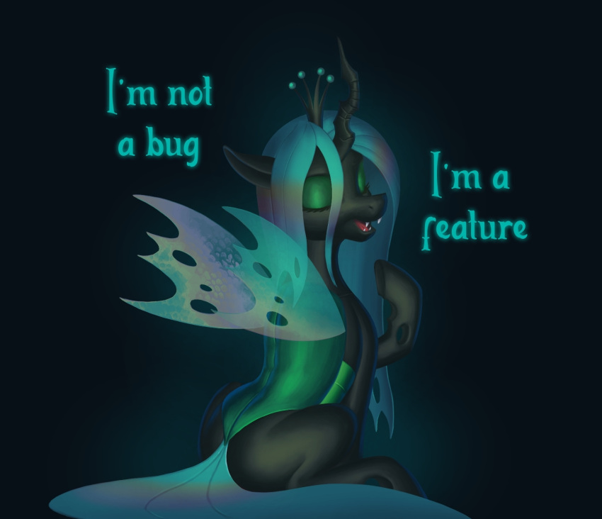 arthropod changeling crown escapisthowl eyes_closed eyeshadow fangs female friendship_is_magic green_eyeshadow hasbro headgear hi_res hole_(anatomy) horn insect_wings it's_a_feature it's_not_a_bug_it's_a_feature makeup my_little_pony queen_chrysalis_(mlp) sitting teeth wings
