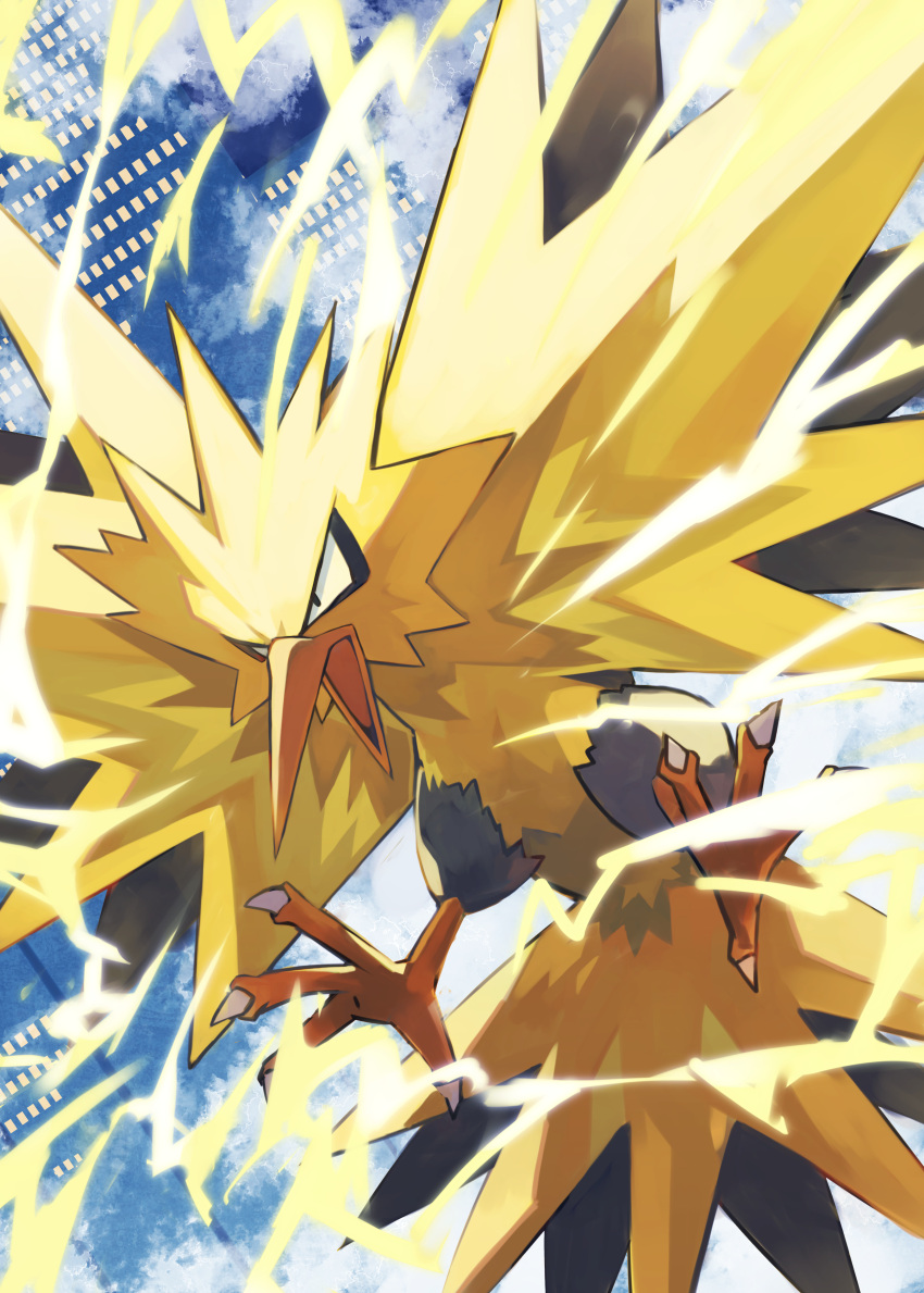 absurdres animal_focus beak bird cityscape colored_skin commentary_request electricity flying gara_(qbeuxvii22) highres no_humans open_mouth pokemon pokemon_(creature) talons wings yellow_skin yellow_wings zapdos