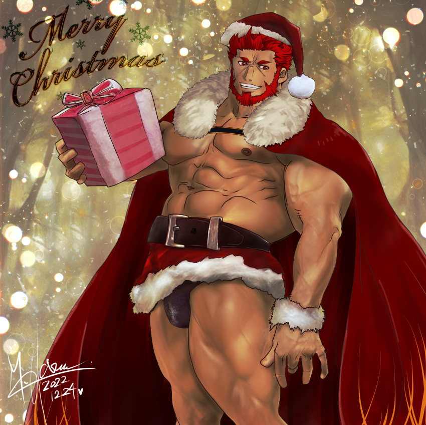 1boy abs absurdres artist_request bara beard box bulge cape christmas dark-skinned_male dark_skin facial_hair fate/zero fate_(series) feet_out_of_frame full_beard gift gift_box hat highres iskandar_(fate) large_pectorals loincloth male_focus mature_male merry_christmas muscular muscular_male navel nipples paid_reward_available pectorals red_eyes red_hair red_headwear santa_costume santa_hat short_hair smile snowing solo standing stomach strongman_waist thick_beard thick_eyebrows thick_thighs thighs