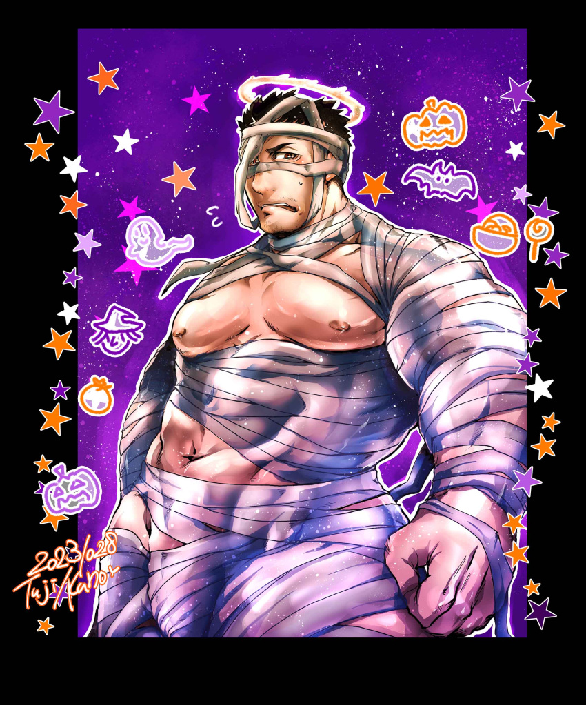 1boy absurdres bandage_over_one_eye bandages bara bare_pectorals black_border black_hair blush border clenched_hand commentary_request covered_abs cowboy_shot dated english_text facial_hair fire flaming_halo flying_sweatdrops frown ghost_print halloween halloween_costume halo highres jack-o'-lantern_print kano_(kano_to10) large_pectorals male_focus mature_male mummy_costume muscular muscular_male mustache_stubble naked_bandage navel nipples official_alternate_costume open_mouth pectorals purple_background short_hair solo spiked_hair star_(symbol) sweatdrop textless_version thick_arms thick_thighs thighs tokyo_afterschool_summoners twitter_username yellow_eyes zabaniyya_(halloween)_(housamo) zabaniyya_(housamo)