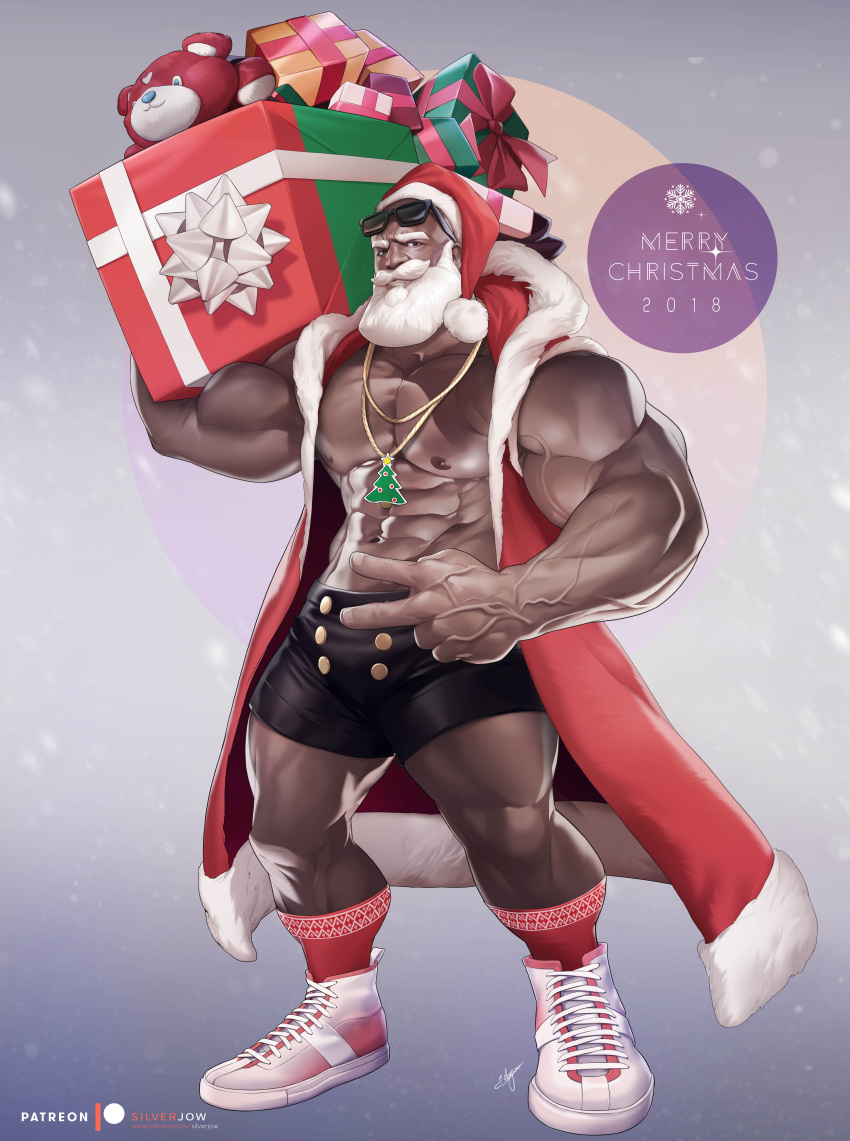 1boy absurdres bara bare_pectorals beard carrying_over_shoulder christmas christmas_tree_necklace coat dark-skinned_male dark_skin facial_hair full_body gift hat highres holding holding_gift large_hands large_pectorals long_beard looking_at_viewer male_focus mature_male muscular muscular_male old old_man open_clothes open_coat original pectorals red_headwear santa_claus santa_costume santa_hat shoes short_hair short_shorts shorts silverjow sneakers solo thick_eyebrows thick_mustache v veins veiny_hands very_dark_skin wrinkled_skin