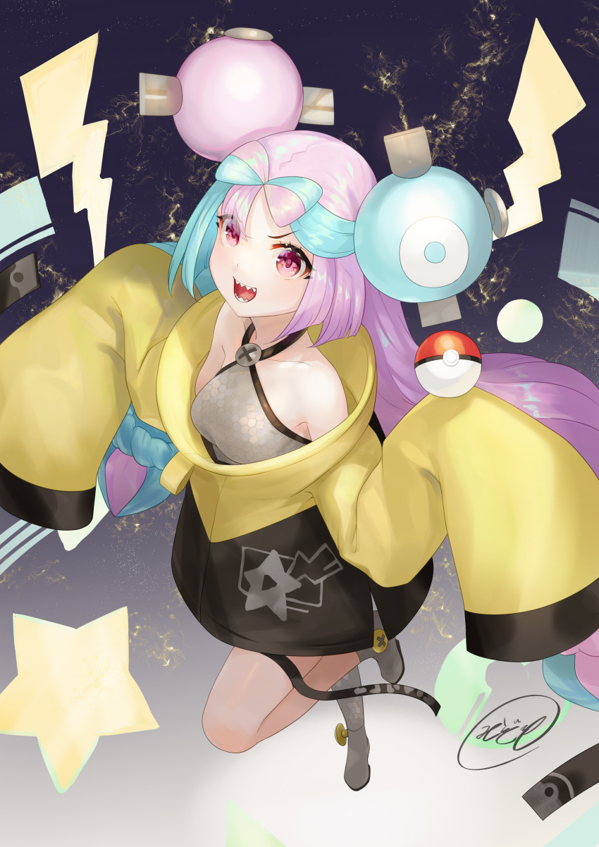 1girl :d absurdres bow-shaped_hair breasts character_hair_ornament commentary_request green_hair grey_footwear grey_shirt hair_ornament highres iono_(pokemon) jacket long_hair mizore_akihiro multicolored_hair open_mouth pink_eyes pink_hair poke_ball poke_ball_(basic) pokemon pokemon_sv sharp_teeth shirt shoes sleeveless sleeveless_shirt sleeves_past_fingers sleeves_past_wrists smile solo teeth thigh_strap tongue two-tone_hair yellow_jacket