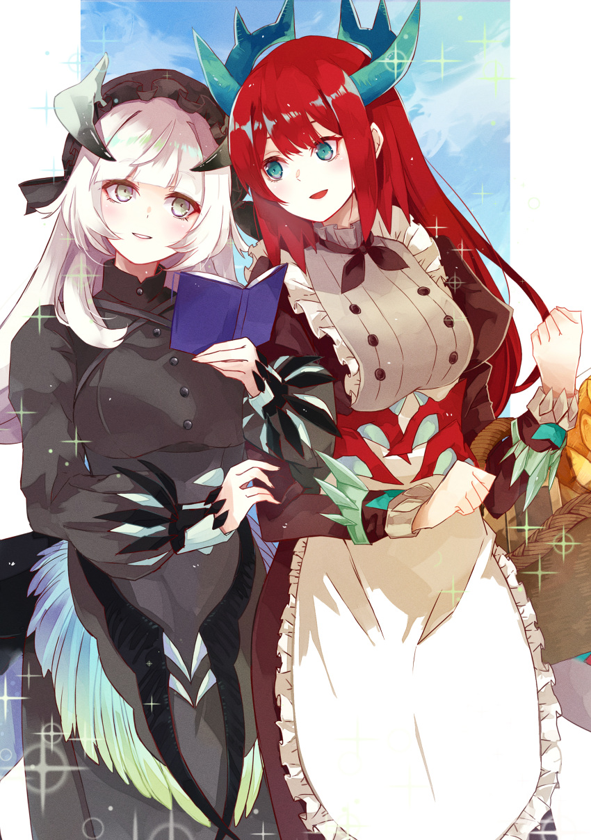 2girls absurdres apron basket black_dress book bread breasts chamber_dragonmaid dragon_girl dragon_horns dragon_tail dress duel_monster food frilled_apron frills green_eyes grey_eyes grey_hair highres holding holding_basket holding_book horns juliet_sleeves kitchen_dragonmaid large_breasts locked_arms long_hair long_sleeves low_wings maid_headdress multiple_girls open_book open_mouth puffy_sleeves red_hair surphase tail wings yu-gi-oh!