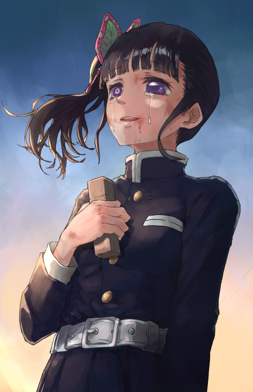 1girl belt black_hair blue_sky bruise bruise_on_face butterfly_hair_ornament crying crying_with_eyes_open demon_slayer_uniform gradient_sky hair_ornament highres holding ico6 injury kimetsu_no_yaiba morning orange_sky outdoors partially_blind purple_eyes side_ponytail sky solo tears tsuyuri_kanao white_belt