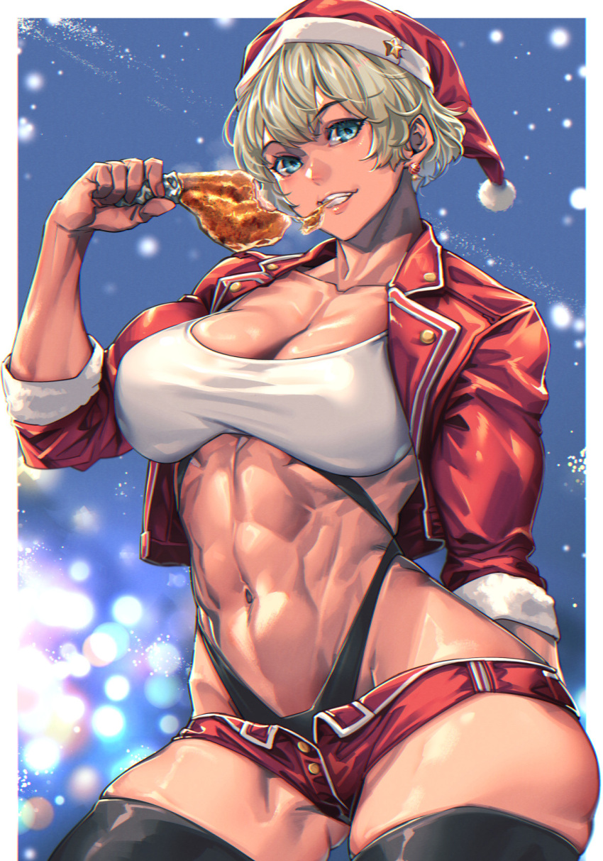 1girl abs blonde_hair blue_eyes breasts christmas_lights cleavage fried_chicken hat highres jacket large_breasts mikel_(4hands) muscular muscular_female open_clothes open_jacket original santa_costume santa_hat short_shorts shorts sleeves_rolled_up solo tank_top thighhighs toned