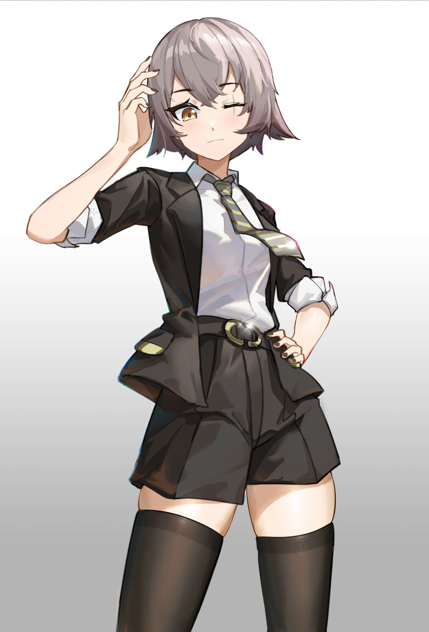 absurdres belt brown_hair collared_shirt cowboy_shot girls'_frontline girls'_frontline_2:_exilium grey_hair hand_on_own_hip hand_up highres nail_polish neck one_eye_closed scar scar_across_eye scar_on_face shirt short_hair shorts simple_background suit thighhighs ump45_(girls'_frontline) zzq