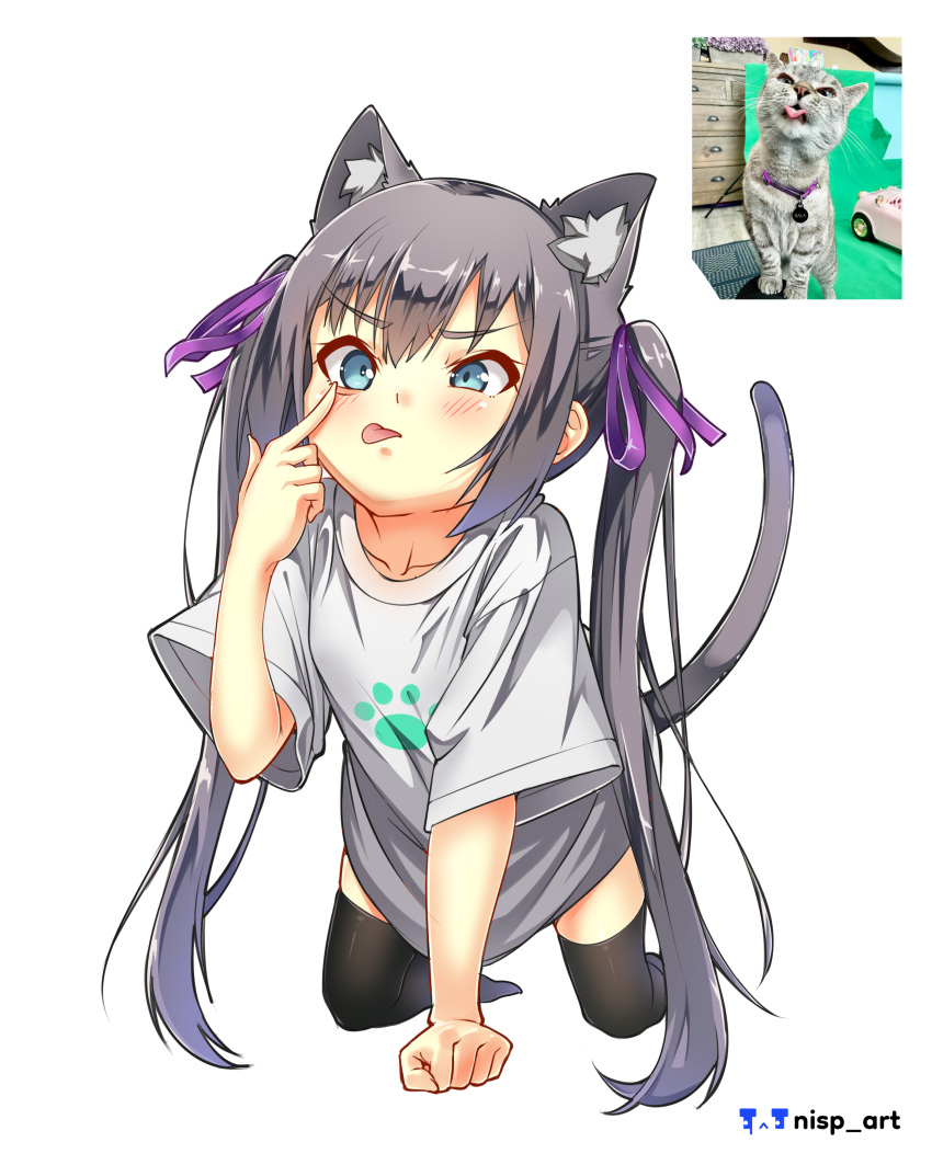 1girl absurdres akanbe animal_ear_fluff animal_ears artist_logo artist_name black_socks blue_eyes blush cat cat_ears cat_girl cat_tail clenched_hand collarbone commentary_request eyelid_pull finger_to_eye hair_ribbon highres kneeling long_hair long_shirt nisp_art no_shoes original paw_print personification purple_ribbon reference_inset ribbon russian_commentary shirt short_sleeves sidelocks simple_background socks solo tail thighhighs tongue tongue_out v-shaped_eyebrows white_background white_shirt