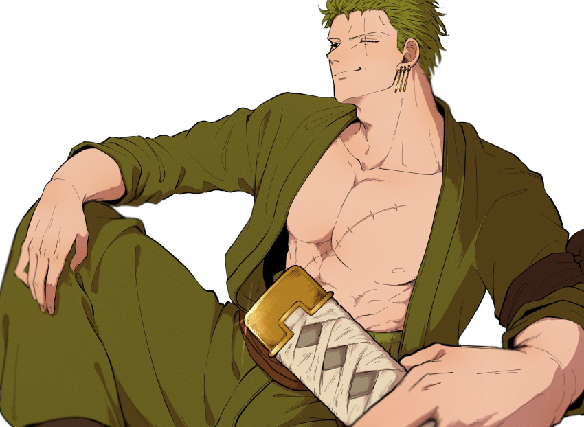 1boy abs black_eyes breasts center_opening chimaaa333 cleavage coat colored_skin earrings from_side green_coat green_hair highres holding holding_weapon jewelry male_focus muscular muscular_male one_eye_closed one_piece pectorals roronoa_zoro sash scar scar_on_chest scar_on_face short_hair single_earring sitting smirk solo sword weapon white_skin