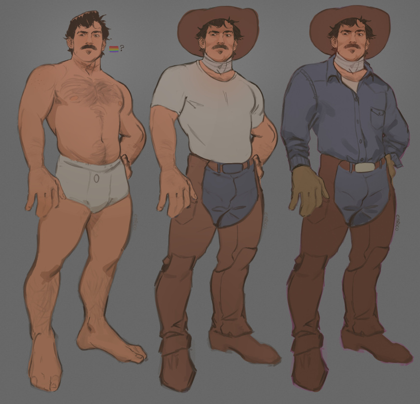 1boy absurdres arm_hair bara beard boxers bulge chest_hair cowboy_(enri) cowboy_hat cowboy_western crotchless crotchless_pants enri_(ceinordraws) facial_hair full_body hairy hat highres leg_hair looking_at_viewer male_focus male_underwear mature_male multiple_views muscular muscular_male navel navel_hair nipples original pants pectorals reference_sheet shirt short_hair standing stomach t-shirt thick_beard thick_eyebrows thick_mustache topless_male underwear white_male_underwear