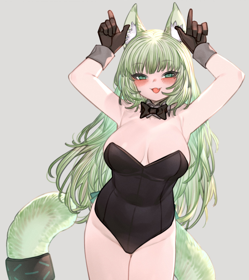 1girl animal_ear_fluff animal_ears arknights arms_up black_gloves black_leotard blush breasts cat_ears cat_girl cat_tail cowboy_shot fang gloves green_eyes green_hair grey_background groin harmonie_(arknights) highres kochiya_(gothope) large_breasts leotard long_hair open_mouth paid_reward_available simple_background solo strapless strapless_leotard tail tail_ornament tail_ring very_long_hair