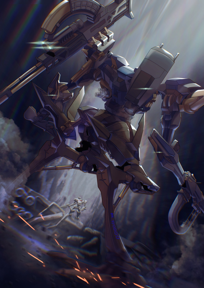 absurdres armored_core armored_core_6 assault_rifle full_body gun handgun highres holding holding_gun holding_weapon loader_4 mecha mecha_focus missile_pod no_humans ra_gyoooo red_eyes reverse-jointed_legs rifle robot science_fiction sparks standing steel_haze thrusters weapon weapon_on_back