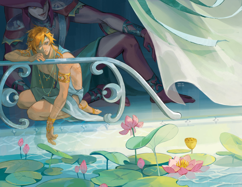 2boys absurdres armlet blonde_hair commentary curtains dated english_commentary fish_boy flower full_body highres link lotus multiple_boys pool sharp_teeth sidon signature sitting teeth the_legend_of_zelda the_legend_of_zelda:_breath_of_the_wild water yukinnn zora