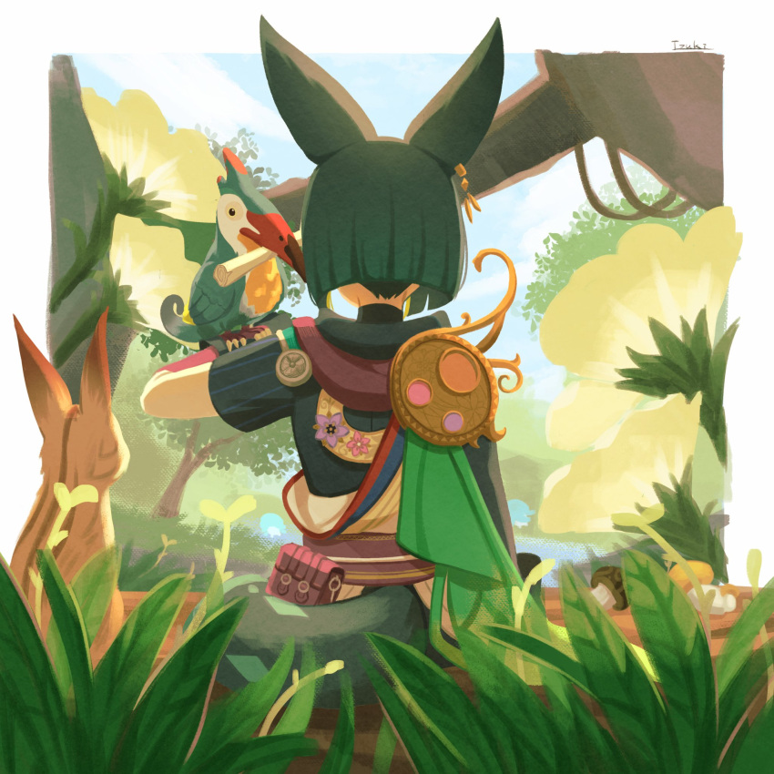 1boy 39_iduki animal_ears animal_on_arm asymmetrical_sleeves bird bird_on_arm blue_sky blunt_ends border cape cloud commentary_request day earrings facing_away flower fox fox_boy fox_ears fox_tail from_behind fungi_(genshin_impact) genshin_impact grass green_cape green_hair highres hood hood_down hoodie jewelry log long_sleeves male_focus medal multicolored_clothes mushroom outdoors outside_border oversized_flower pink_flower plant pouch purple_flower purple_sash sash scroll short_hair short_sleeves single_earring sitting sitting_on_log sky solo tail tighnari_(genshin_impact) tree vines water white_border yellow_flower