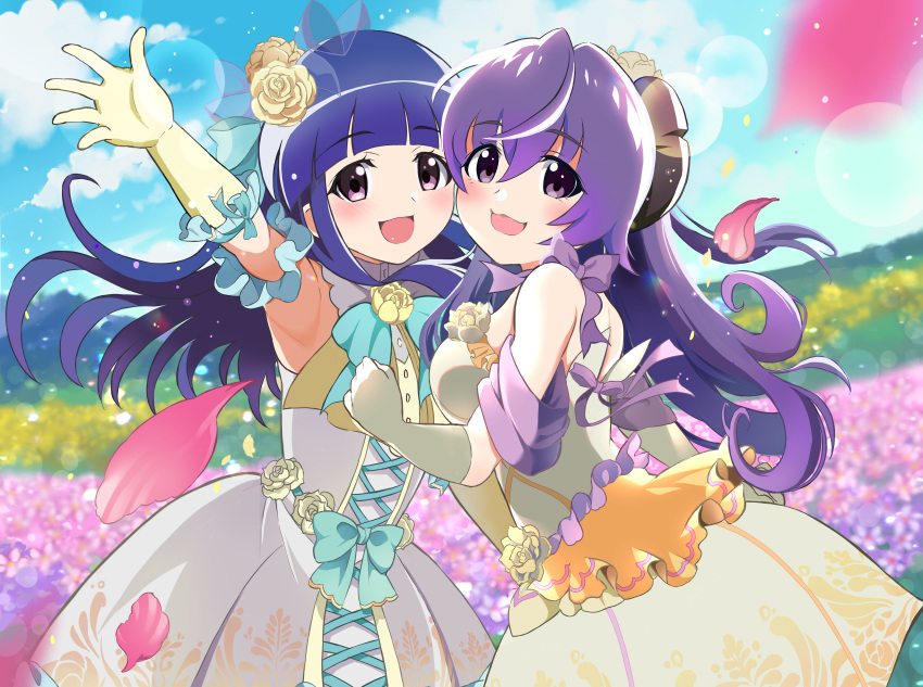 2girls absurdres armpits blue_bow blue_hair blue_sky blunt_bangs blush bow breasts bride buttons closed_eyes cloud cross-laced_clothes cross-laced_dress day detached_sleeves dress elbow_gloves field flat_chest floating_hair floral_print_dress flower flower_field frills furude_rika gloves hair_between_eyes hanyuu happy highres higurashi_no_naku_koro_ni higurashi_no_naku_koro_ni_mei hime_cut horns lens_flare long_bangs long_hair looking_at_viewer mashimaro_tabetai medium_breasts multiple_girls official_alternate_costume open_mouth outdoors outstretched_arm petals pink_flower pink_petals purple_eyes purple_hair ribbon rose sidelocks sky smile sunlight tareme variant_set wavy_mouth wedding wedding_dress white_dress wife_and_wife yellow_flower yellow_rose yuri