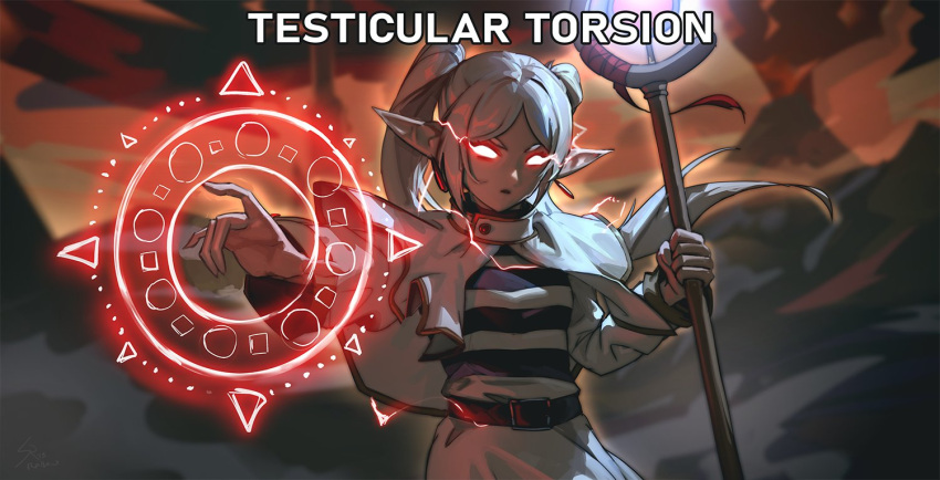 1girl belt black_belt capelet casting_spell elf frieren glowing glowing_eyes holding holding_staff long_hair mage_staff magic outdoors pointy_ears raikoart shirt skirt solo sousou_no_frieren spell staff striped striped_shirt testicular_torsion twintails white_capelet white_hair white_skirt
