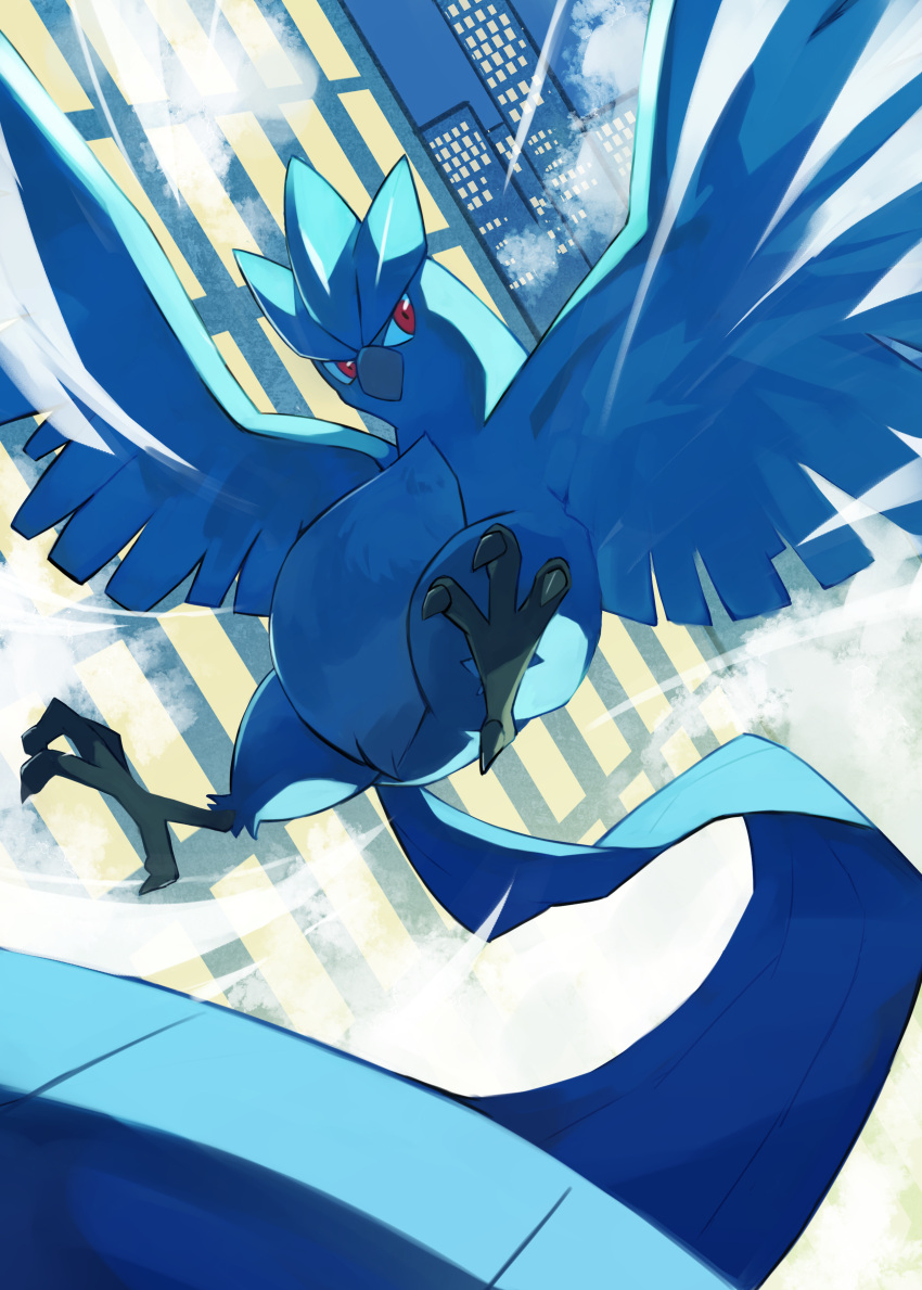absurdres animal_focus articuno bird building city commentary_request fog gara_(qbeuxvii22) highres looking_to_the_side no_humans outdoors pokemon pokemon_(creature) red_eyes skyscraper solo talons