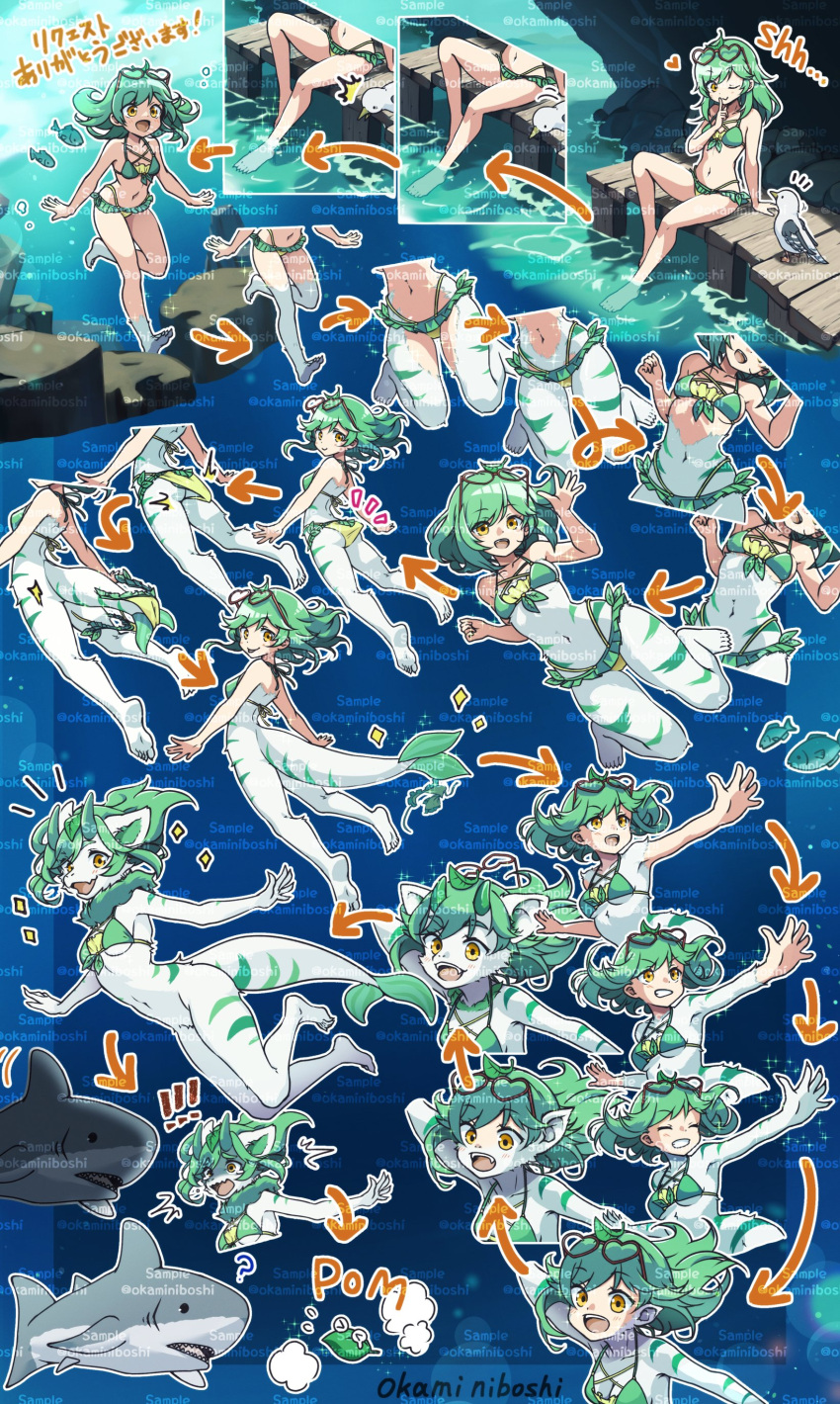 2023 absurd_res aquatic_dragon clothed clothing colored dragon english_text female fur furred_dragon green_hair green_markings group growth hair hi_res horn human human_to_anthro japanese_text mammal marine markings okaminiboshi shrinking size_transformation solo_focus species_transformation swimwear tail_growth text transformation transformation_sequence underwater water