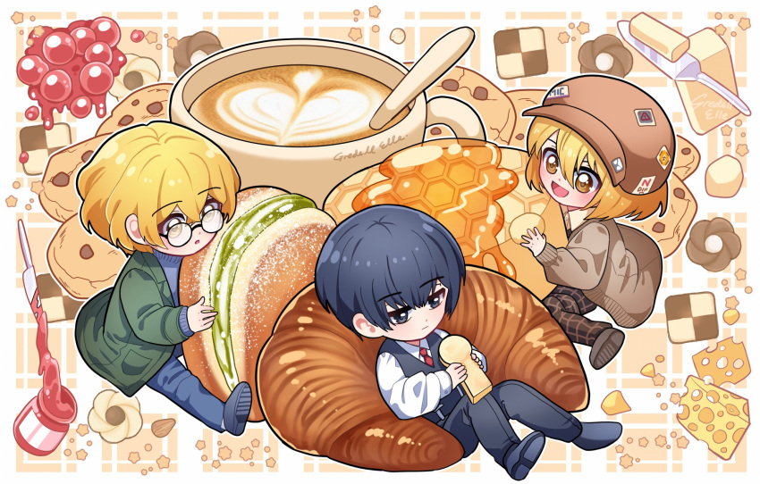 1girl 2boys black_eyes black_hair black_vest blonde_hair blue_pants blue_sweater brown_coat butter cheese coat coffee collared_shirt cookie croissant cup don_quixote_(project_moon) food glasses gredell_elle green_coat highres jam latte_art limbus_company long_sleeves multiple_boys necktie open_mouth pants pastry project_moon red_necktie round_eyewear shirt short_hair sinclair_(project_moon) smile sweater vest white_shirt yellow_eyes yi_sang_(project_moon)