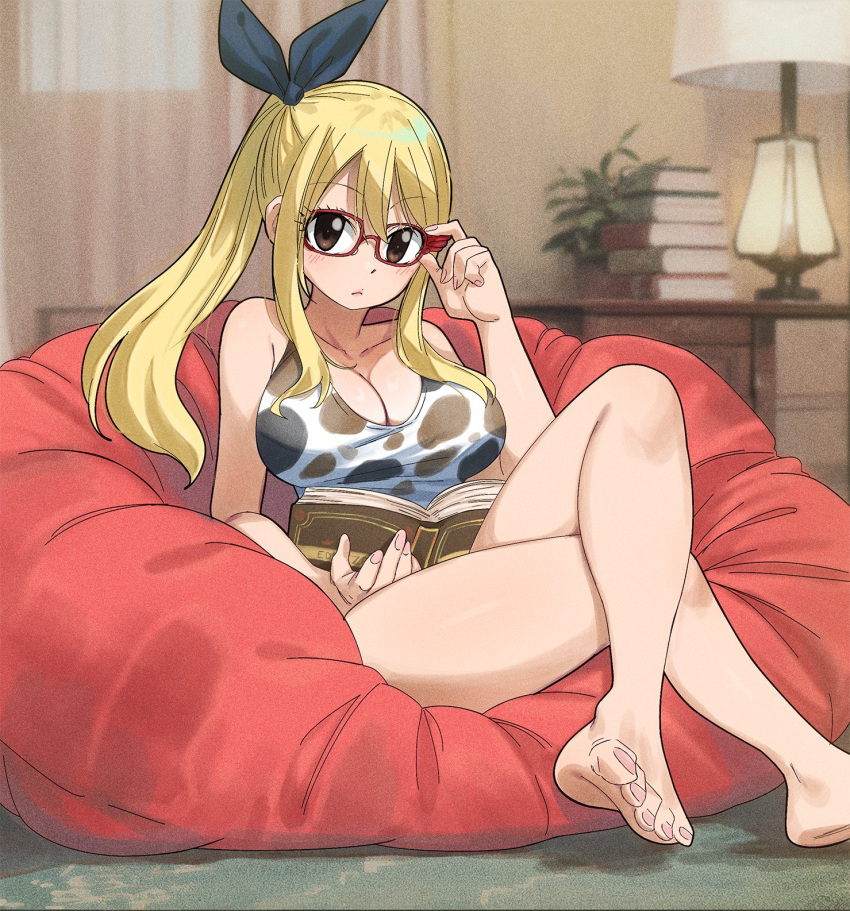 1girl bare_shoulders blonde_hair book breasts collarbone fairy_tail feet gaston18 glasses highres lamp looking_at_viewer lucy_heartfilia paper sitting solo toes