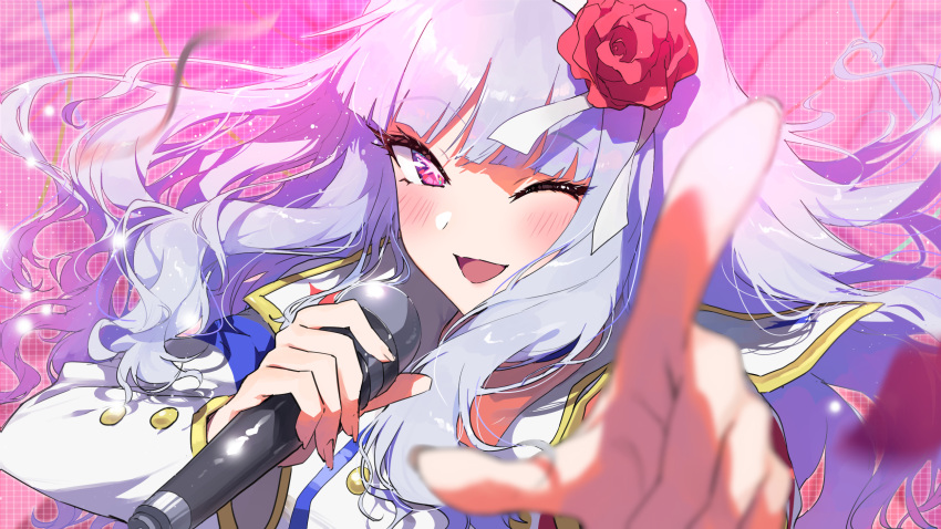 1girl ;d blurry depth_of_field flower foreshortening grey_hair hair_flower hair_ornament highres holding holding_microphone hoshino_ai's_pose idol idolmaster idolmaster_(classic) idolmaster_million_live! long_hair looking_at_viewer microphone midnamana one_eye_closed pointing pointing_at_viewer shijou_takane smile solo star-shaped_pupils star_(symbol) starpiece_memories_(idolmaster) symbol-shaped_pupils upper_body very_long_hair