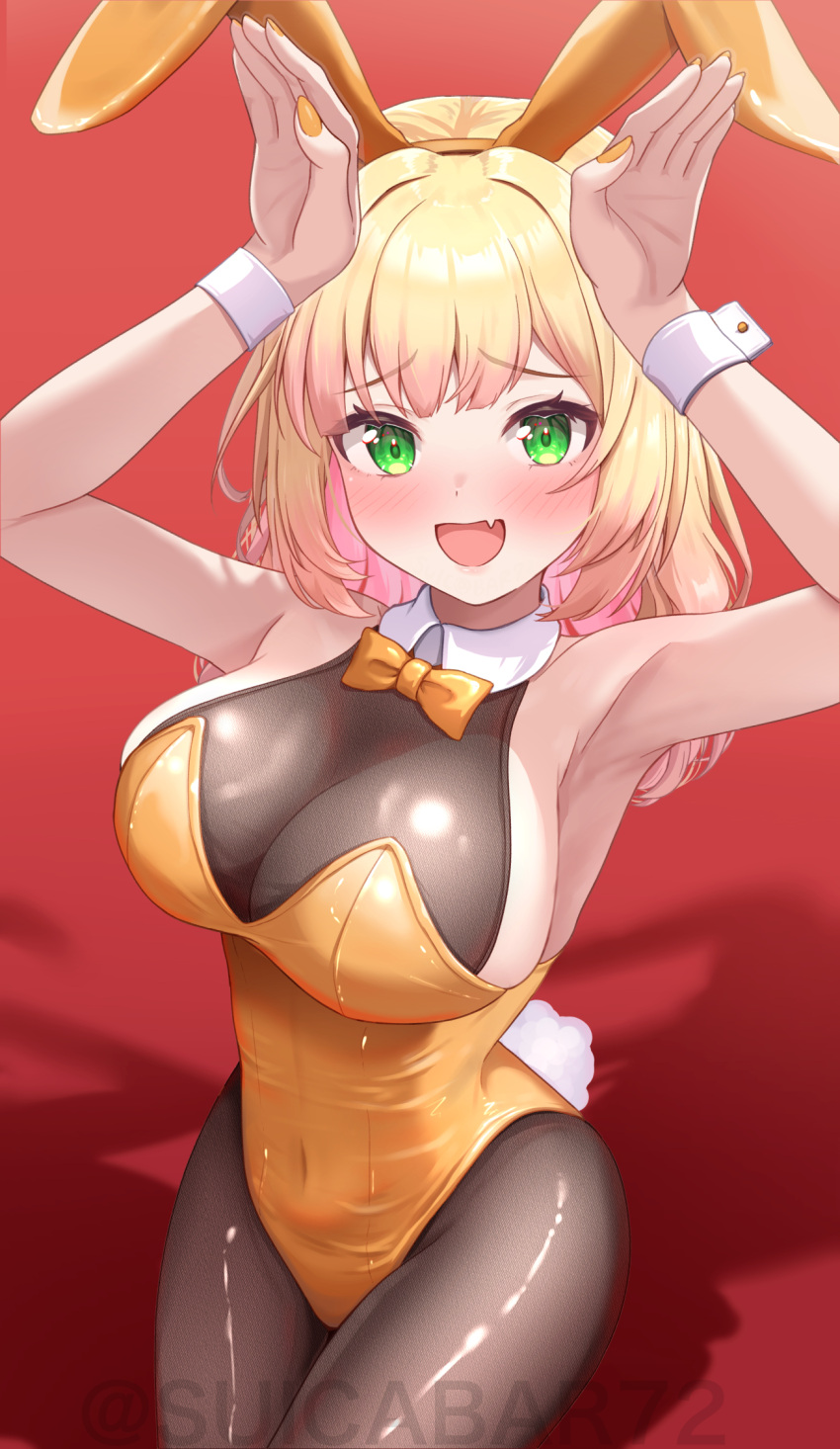 1girl animal_ears armpits black_pantyhose blonde_hair blush bow bowtie breasts covered_navel detached_collar fake_animal_ears fang gradient_hair green_eyes highleg highleg_leotard highres hololive large_breasts leotard long_hair momosuzu_nene multicolored_hair open_mouth orange_bow orange_bowtie orange_leotard pantyhose pink_hair playboy_bunny rabbit_ears rabbit_tail skin_fang smile strapless strapless_leotard suicabar72 tail traditional_bowtie virtual_youtuber wrist_cuffs