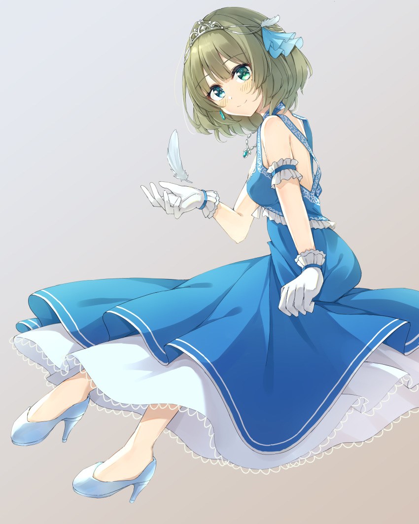 1girl absurdres bare_shoulders blue_dress blue_eyes blush breasts dress feathers frilled_dress frilled_gloves frills full_body gloves green_eyes green_hair heterochromia high_heels highres idolmaster idolmaster_cinderella_girls jewelry looking_at_viewer looking_back medium_breasts mole mole_under_eye short_hair sitting smile solo takagaki_kaede take5321 tiara