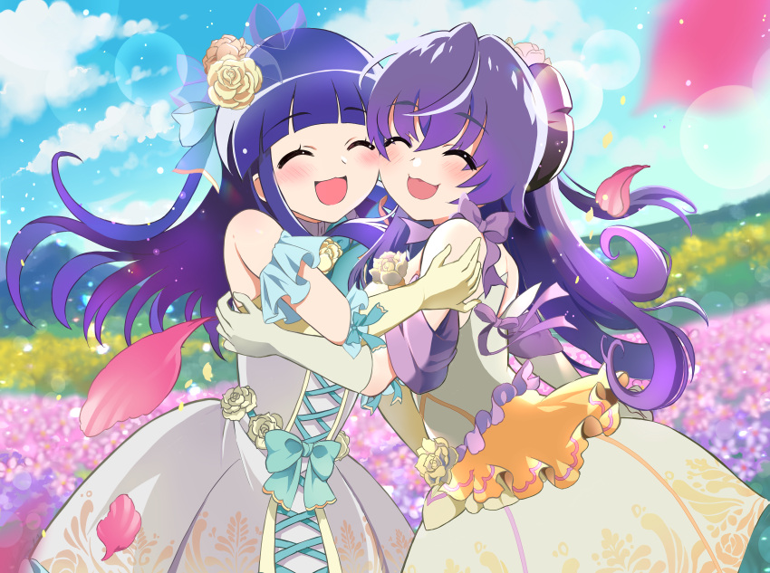 2girls absurdres blue_bow blue_hair blue_sky blunt_bangs blush bow bride closed_eyes cloud commentary_request cross-laced_clothes cross-laced_dress day detached_sleeves dress elbow_gloves field floating_hair floral_print_dress flower flower_field frills furude_rika gloves hair_between_eyes hanyuu happy highres higurashi_no_naku_koro_ni higurashi_no_naku_koro_ni_mei hime_cut horns hug lens_flare long_bangs long_hair mashimaro_tabetai multiple_girls official_alternate_costume open_mouth outdoors petals pink_flower pink_petals purple_eyes purple_hair ribbon rose sidelocks sky smile sunlight tareme variant_set wavy_mouth wedding wedding_dress white_dress wife_and_wife yellow_flower yellow_rose yuri