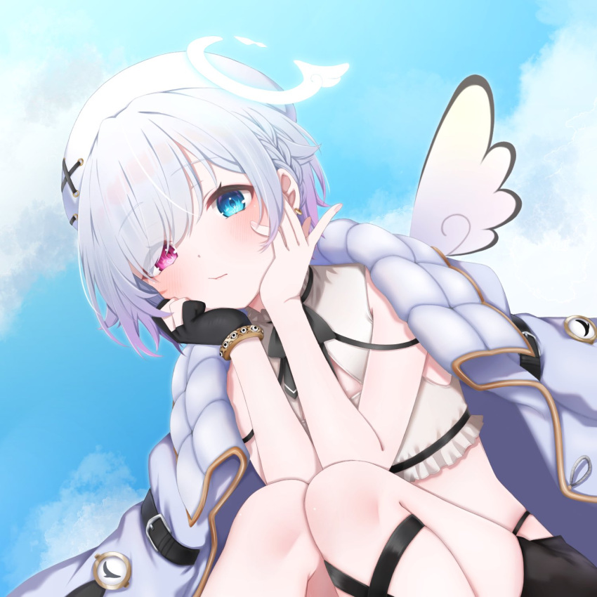 1girl amemiya_nazuna amemiya_nazuna_(1st_costume) angel angel_wings black_gloves black_shorts blue_eyes blue_jacket blue_sky blush braid breasts broken_halo cloud gloves halo hanazome_uta heterochromia highleg highleg_panties highres jacket looking_at_viewer panties partially_fingerless_gloves red_eyes short_hair short_shorts shorts single_braid single_glove single_wing sky small_breasts underwear virtual_youtuber vshojo white_hair wings