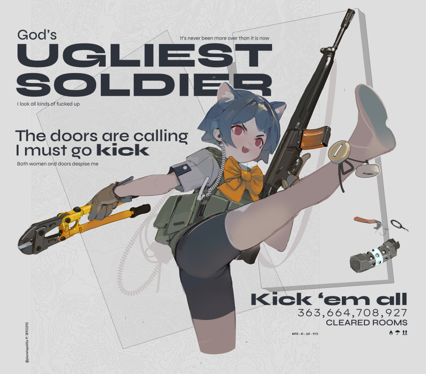 1girl absurdres ammunition_pouch animal_ears assault_rifle bike_shorts blue_hair bob_cut bolt_cutters boots born_to_die_world_is_a_fuck_(meme) bow cat_ears cat_girl chest_rig commentary cropped_legs door_kickem_(polilla) earpiece english_commentary english_text evil_smile explosive fang flashbang gloves grenade grenade_pin gun gun_sling h&amp;k_hk33 high_kick highres holding holding_weapon it's_over_(meme) kicking meme open_mouth original plate_carrier polilla pouch profanity radio red_eyes rifle shirt short_sleeves sleeves_rolled_up smile solo tactical_clothes trigger_discipline v-shaped_eyebrows weapon white_footwear white_shirt wire yellow_bow