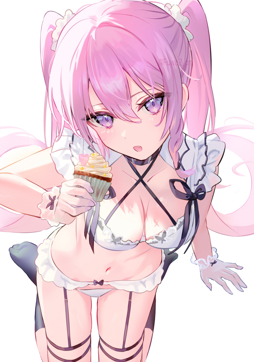 1girl :d bare_shoulders black_collar black_socks bra breasts cleavage collar collarbone commentary_request cupcake fang food hair_between_eyes heart highres holding holding_food long_hair looking_at_viewer medium_breasts navel no_shoes omelet_tomato original panties pink_hair purple_eyes simple_background sitting smile socks solo twintails twitter_username underwear very_long_hair wariza watermark white_background white_bra white_panties wrist_cuffs