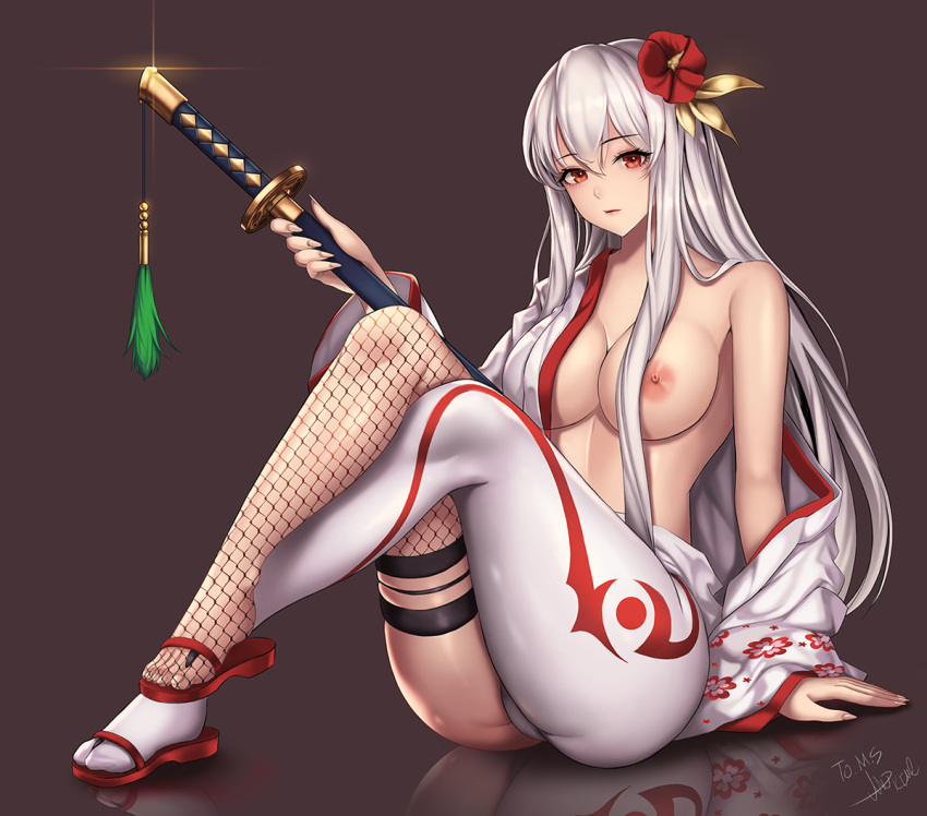 1girl arm_support asymmetrical_legwear breasts cleavage closed_mouth commission fishnet_thighhighs fishnets hair_ornament holding holding_sword holding_weapon japanese_clothes kimono large_breasts long_hair looking_at_viewer mad_kimo mismatched_legwear nipples original red_eyes sandals sheath sheathed single_off_shoulder single_thighhigh sitting solo sword thick_thighs thighhighs thighs weapon white_hair white_kimono