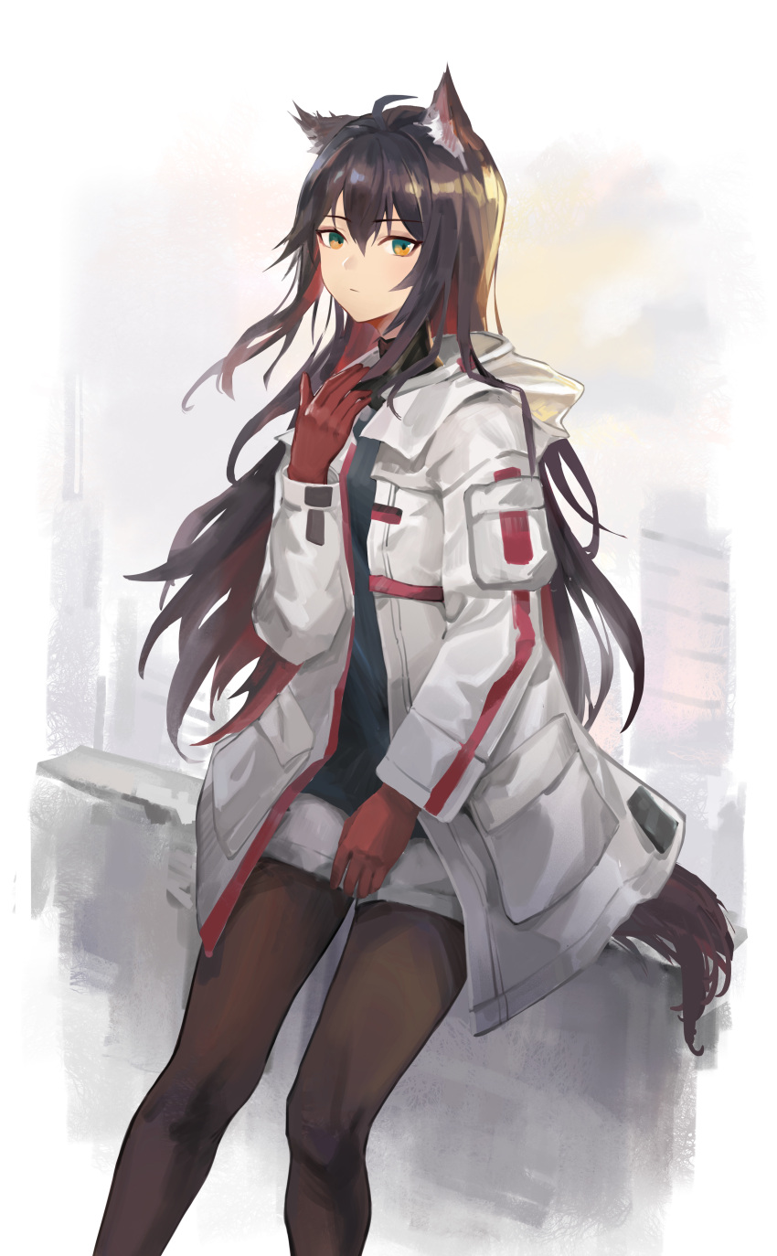 1girl absurdres animal_ears arknights black_hair black_pantyhose black_shirt coat colored_inner_hair feet gloves hair_between_eyes hand_up highres hinoa_(hinoa1113) hood hood_down hooded_coat long_hair looking_at_viewer multicolored_hair official_alternate_costume open_clothes open_coat pantyhose pantyhose_under_shorts red_gloves red_hair shirt shorts simple_background solo tail texas_(arknights) texas_(winter_messenger)_(arknights) two-tone_hair very_long_hair white_background white_coat white_shorts winter_clothes winter_coat wolf_ears wolf_girl wolf_tail yellow_eyes