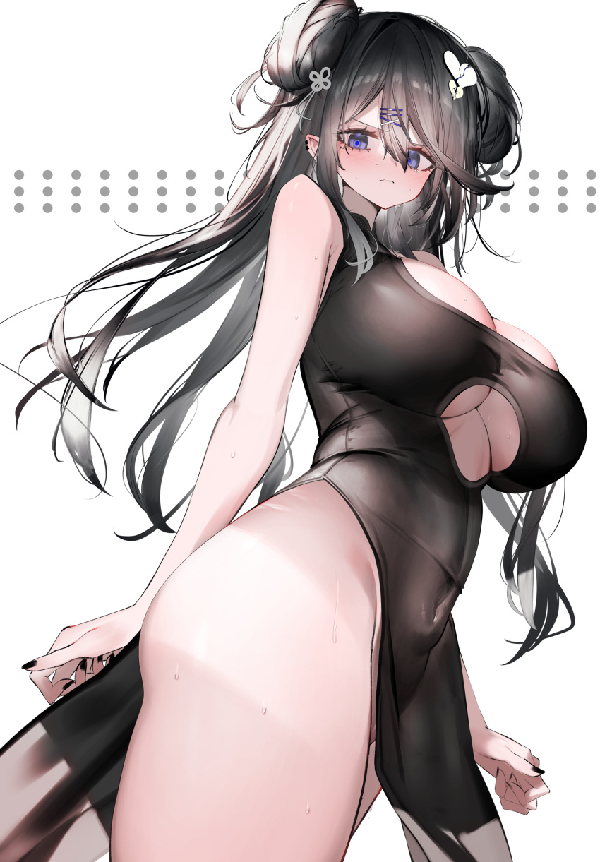 1girl absurdres angry bare_arms black_hair black_nails blue_eyes blush blush_stickers breasts broken_heart_hair_ornament china_dress chinese_clothes cleavage_cutout clothing_cutout covered_navel double_bun dress earclip embarrassed from_behind hair_bun hair_ornament hairclip heart heart_hair_ornament highres huge_breasts inumata_ichini koruri-chan_(inumata_ichini) long_hair looking_at_viewer looking_down mole mole_under_eye nail_polish nervous_sweating no_panties original pelvic_curtain pointy_ears ringed_eyes side_slit side_up_bun solo sweat sweatdrop thick_thighs thighs three_quarter_view underboob_cutout very_sweaty wavy_mouth white_background