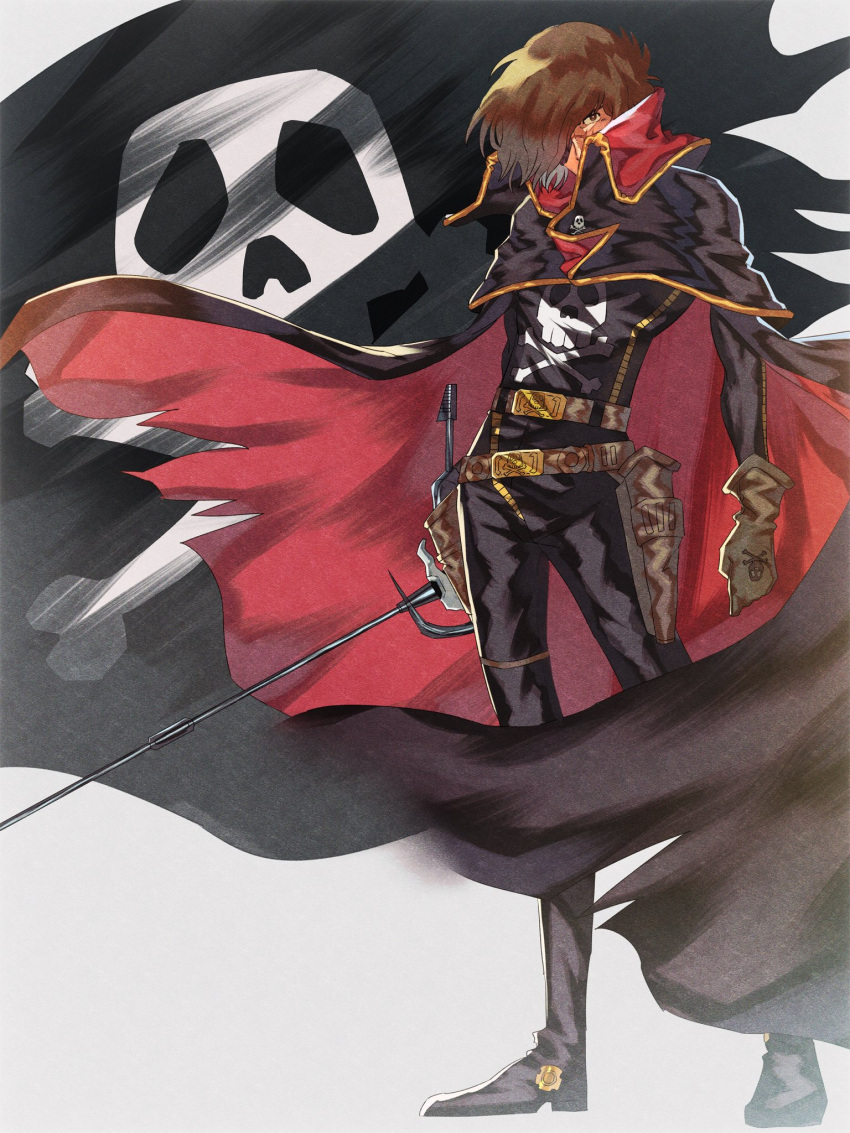 1boy black_capelet black_jacket black_pants brown_eyes brown_gloves brown_hair capelet cosmo_dragoon eyepatch gloves hair_over_one_eye harlock harlock_saga highres holding holding_sword holding_weapon jacket jolly_roger looking_at_viewer pants scar scar_on_face serious skull_and_crossbones slllle1 solo sword uchuu_kaizoku_captain_harlock weapon white_background