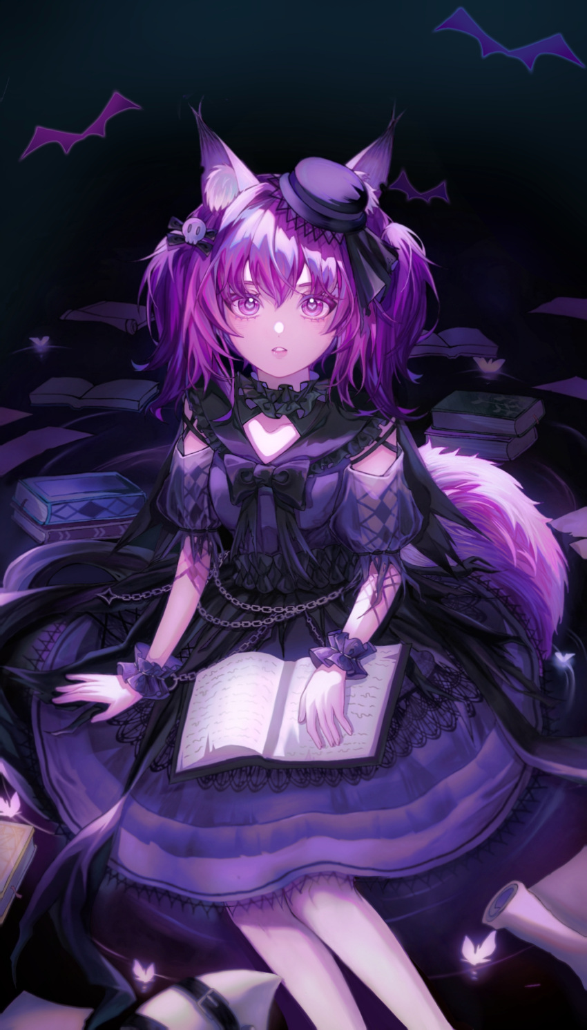 1girl animal_ear_fluff animal_ears arknights black_dress book chinese_commentary commentary_request dress fox_ears fox_girl fox_tail hair_between_eyes hair_ornament highres looking_at_viewer official_alternate_costume parted_lips puffy_short_sleeves puffy_sleeves purple_eyes purple_hair shamare_(arknights) shamare_(echo_of_the_horrorlair)_(arknights) short_sleeves skull_hair_ornament solo tail tao_tai_lang_jiang twintails wrist_cuffs