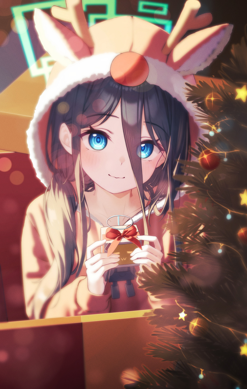 &lt;key&gt;_(robot)_(blue_archive) 1girl absurdly_long_hair absurdres animal_costume antlers aris_(blue_archive) black_hair blue_archive blue_eyes christmas christmas_ornaments christmas_tree closed_mouth green_halo halo highres long_hair long_sleeves looking_at_viewer reindeer_antlers reindeer_costume ringed_eyes smile solo supersugar upper_body very_long_hair
