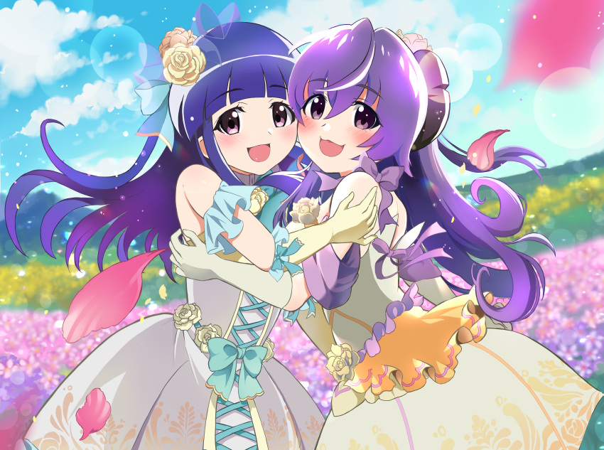 2girls absurdres blue_bow blue_hair blue_sky blunt_bangs blush bow bride cloud commentary_request cross-laced_clothes cross-laced_dress day detached_sleeves dress elbow_gloves field floating_hair floral_print_dress flower flower_field frills furude_rika gloves hair_between_eyes hanyuu happy highres higurashi_no_naku_koro_ni higurashi_no_naku_koro_ni_mei hime_cut horns hug lens_flare long_bangs long_hair looking_at_viewer mashimaro_tabetai multiple_girls official_alternate_costume open_mouth outdoors petals pink_flower pink_petals purple_eyes purple_hair ribbon rose sidelocks sky smile sunlight tareme variant_set wavy_mouth wedding wedding_dress white_dress wife_and_wife yellow_flower yellow_rose yuri