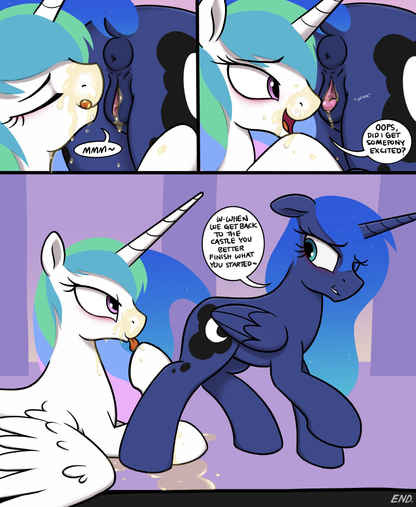 absurd_res animal_genitalia animal_pussy anus butt clitoris comic cutie_mark dialogue duo english_text equid equine_pussy eyelashes eyes_closed female feral friendship_is_magic hi_res hooves horn licking licking_lips mammal my_little_pony open_mouth princess_celestia_(mlp) princess_luna_(mlp) pussy selenophile self_lick sibling sister sisters text tongue tongue_out urine watersports winged_unicorn wings