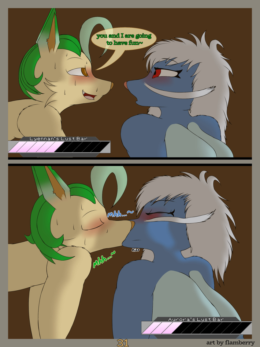 3:4 absurd_res anthro aurora_daiken big_breasts blue_body blush bodily_fluids breasts canid canine comic dialogue digital_drawing_(artwork) digital_media_(artwork) duo eeveelution english_text female flamberry_(artist) fur generation_4_pokemon generation_5_pokemon hair hi_res kissing leafeon lyennan_venizee_flare_(flamberry) male male/female mammal nintendo nude open_mouth pokemon pokemon_(species) samurott simple_background smile sweat text