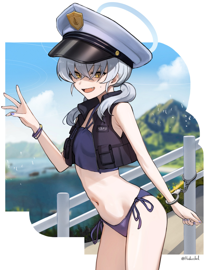 1girl beruko14 bikini black_vest blue_archive blue_bikini blue_halo chain cowboy_shot crossed_bangs cuffs fang fingernails flat_chest grey_hair hair_between_eyes halo hat highres long_hair looking_at_viewer nail_polish open_clothes open_mouth open_vest peaked_cap purple_nails shackles solo swimsuit twitter_username valkyrie_police_academy_student_(blue_archive) vest white_headwear yellow_eyes