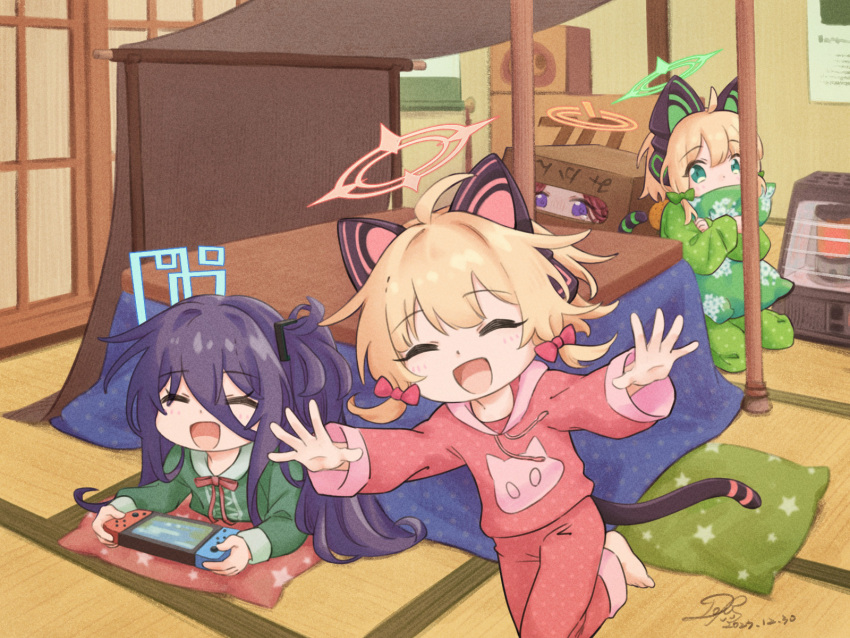4girls absurdly_long_hair aris_(blue_archive) black_hair blonde_hair blue_archive blue_halo blush bow closed_eyes cushion dated dofus_(icyboon) game_development_department_(blue_archive) green_bow green_eyes green_halo green_hoodie green_pants hair_bow halo handheld_game_console highres holding holding_handheld_game_console hood hood_down hoodie indoors kotatsu long_hair long_sleeves midori_(blue_archive) momoi_(blue_archive) multiple_girls nintendo_switch one_side_up open_mouth orange_halo pants pink_halo pink_hoodie pink_pants playing_games purple_eyes red_bow red_hair short_hair shouji siblings signature sisters sliding_doors smile table tatami twins very_long_hair yuzu_(blue_archive) zabuton