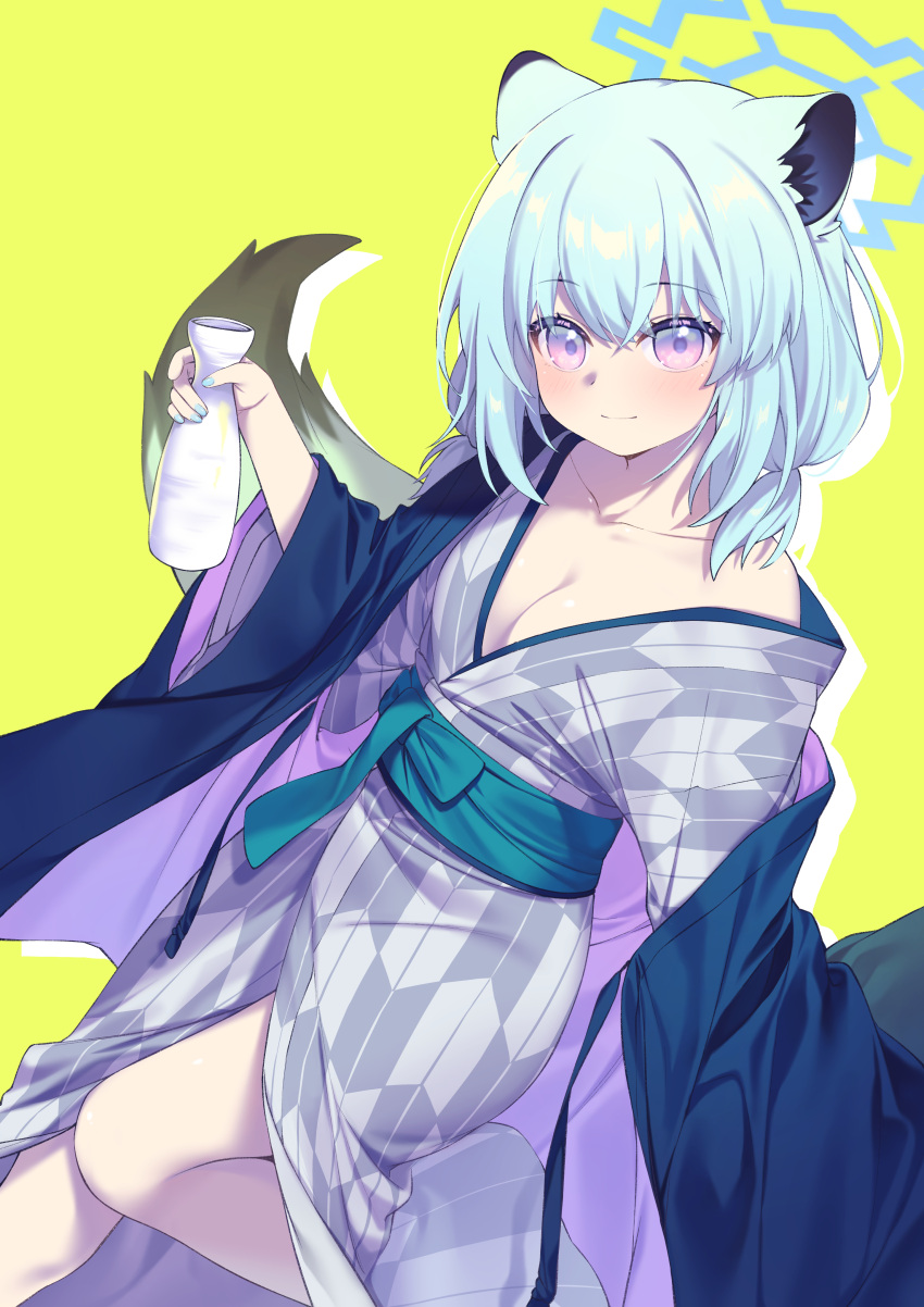 1girl absurdres animal_ears bath_yukata blue_archive blue_halo breasts cleavage closed_mouth fingernails green_hair green_nails grey_kimono halo highres japanese_clothes kimono long_sleeves looking_at_viewer medium_breasts medium_hair nail_polish obi official_alternate_costume poppy_(poppykakaka) purple_eyes sash shigure_(blue_archive) shigure_(hot_spring)_(blue_archive) smile solo tail weasel_ears weasel_tail wide_sleeves yukata