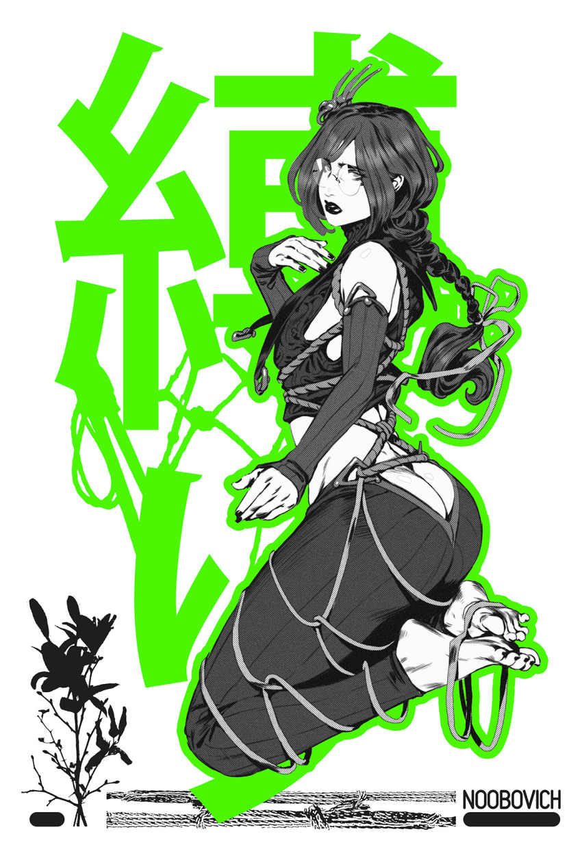 1girl artist_name ass bare_shoulders barefoot black_lips black_nails butt_crack crop_top detached_sleeves feet floating flower from_side full_body green_outline greyscale_with_colored_background hair_ornament hair_ribbon hand_up highres ibrahem_swaid legs_folded long_bangs long_hair looking_at_viewer low_ponytail merchandise_available midriff nail_polish nose original outline pince-nez ribbed_pants ribbed_sleeves ribbon rope shibari shibari_over_clothes simple_background soles solo toenail_polish toenails toes white_background