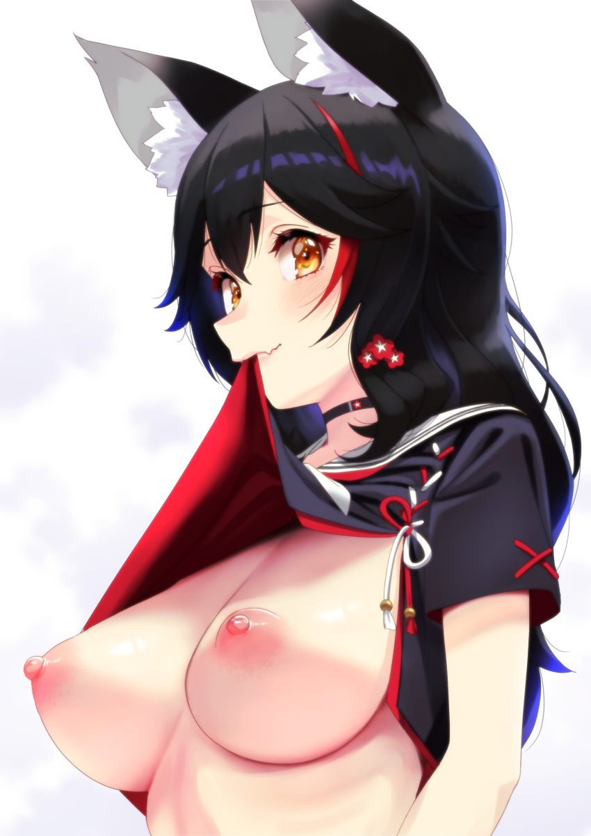 1girl animal_ear_fluff animal_ears black_choker black_hair breasts choker hair_between_eyes hair_ornament highres hololive large_breasts long_hair looking_at_viewer mouth_hold multicolored_hair nipples ookami_mio red_hair simple_background solo streaked_hair virtual_youtuber white_background wolf_ears yellow_eyes zabudog777