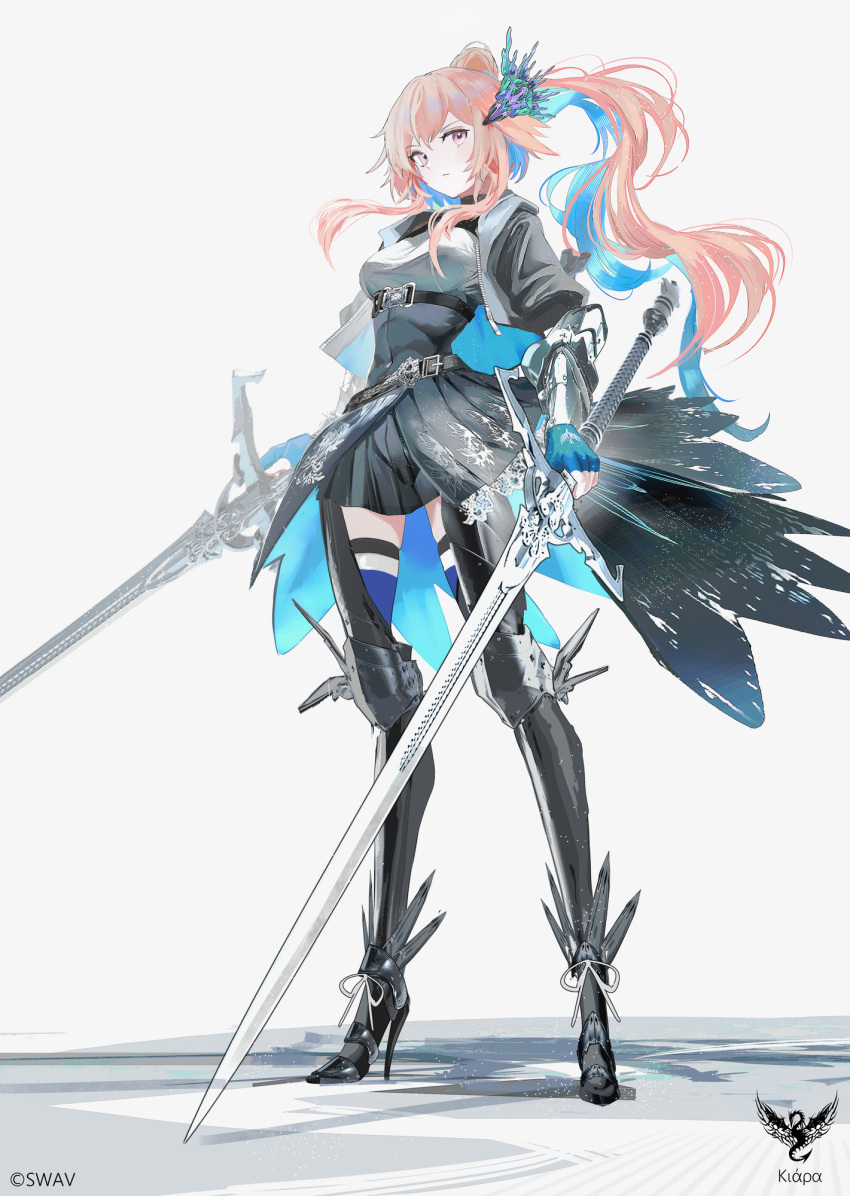 1girl armor artist_name belt bird_hair_ornament character_name commentary_request dual_wielding feathers fingerless_gloves gloves hair_ornament high_heels highres holding hololive hololive_english long_hair official_art orange_hair pleated_skirt ponytail purple_eyes simple_background skindentation skirt solo swav sword takanashi_kiara takanashi_kiara_(knight) virtual_youtuber weapon white_background zweihander