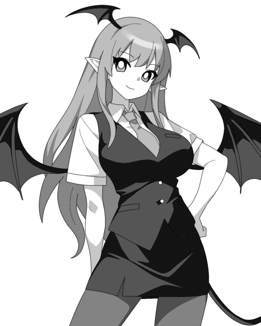 1girl arm_behind_back bat_wings breasts collared_shirt cowboy_shot greyscale head_wings highres koakuma large_breasts long_hair looking_at_viewer monochrome necktie onkn_sxkn pantyhose pencil_skirt pointy_ears shirt short_sleeves sidelocks simple_background skirt smile solo tail touhou vest white_background wings