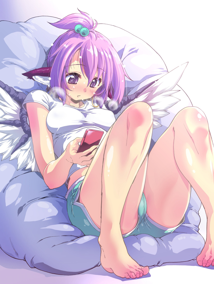 1girl absurdres animal_ears aqua_shorts barefoot bird_ears bird_wings blush cellphone dolphin_shorts earrings fingernails hair_between_eyes hair_bobbles hair_ornament highres holding holding_phone jewelry mystia_lorelei nikusho parted_lips phone pink_hair purple_eyes redrawn shirt short_hair short_sleeves shorts single_earring smartphone solo touhou white_shirt white_wings wings