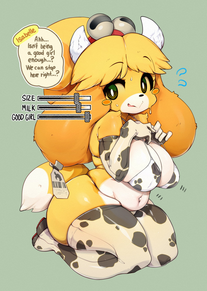 1girl absurdres animal_crossing animal_print barcode bikini blonde_hair blush_stickers breast_slider breasts commentary cow_print cow_print_bikini elbow_gloves english_commentary english_text flying_sweatdrops full_body furry furry_female gloves green_background green_eyes highres isabelle_(animal_crossing) large_breasts long_hair looking_at_viewer multicolored_hair orange_hair print_bikini print_gloves print_thighhighs simple_background sitting slugbox solo speech_bubble swimsuit thighhighs two-tone_hair wariza white_bikini white_gloves white_thighhighs